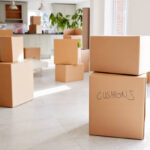 Stacked Removal Boxes In Empty Room On Moving Day
